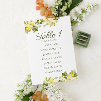 明るいレモンのフレッシュな結婚式座席表カード テーブルナンバー