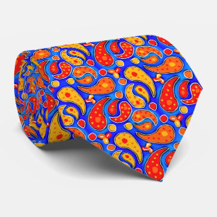 明るいロイヤルブルーのおもしろいのペイズリーのオレンジ赤の黄色 ネクタイ