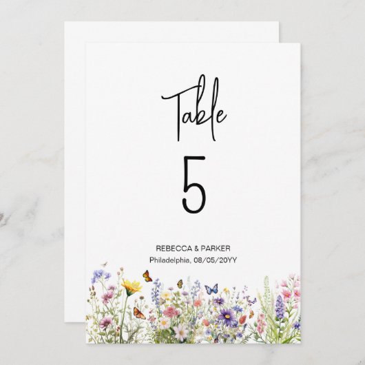 明るいワイルドフラワーテーブル番号 招待状 (正面/裏面)