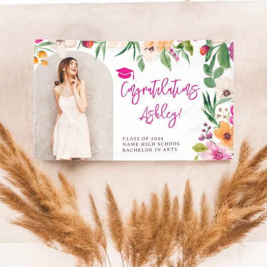 明るいワイルドフラワーピンクのフローラ卒業おめでとう 横断幕