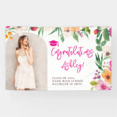 明るいワイルドフラワーピンクのフローラ卒業おめでとう 横断幕 (横)