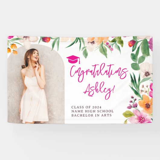 明るいワイルドフラワーピンクのフローラ卒業おめでとう 横断幕 (横)