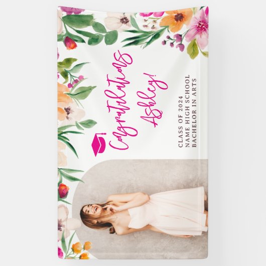 明るいワイルドフラワーピンクのフローラ卒業おめでとう 横断幕 (縦)