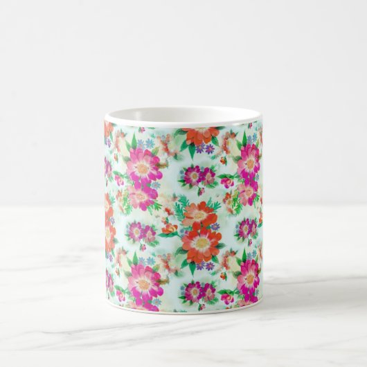 明るいヴィンテージフローラピンクと赤の花 コーヒーマグカップ (中央)