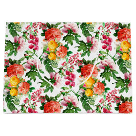 明るいヴィンテージフローラ開花オンホワイト ラージペーパーバッグ