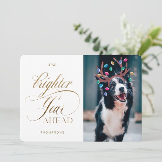 明るい一年先のおもしろいペット写真トナカイのライト シーズンカード (スタンド正面)