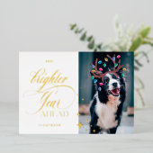 明るい一年先のおもしろいペット写真トナカイのライト 箔シーズンカード (立ち正面)