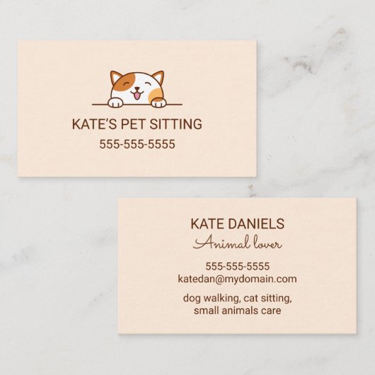 明るい三毛猫のぞきペット座りサービス 名刺 (正面/裏面)