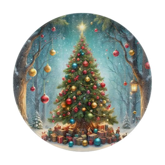 明るい伝統的幸せなクリスマスツリー カッティングボード (正面)