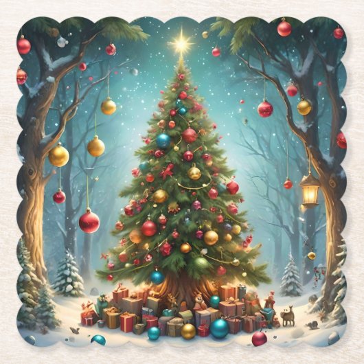 明るい伝統的幸せなクリスマスツリー ペーパーコースター (正面)