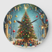 明るい伝統的幸せなクリスマスツリー ラージ壁時計 (正面)