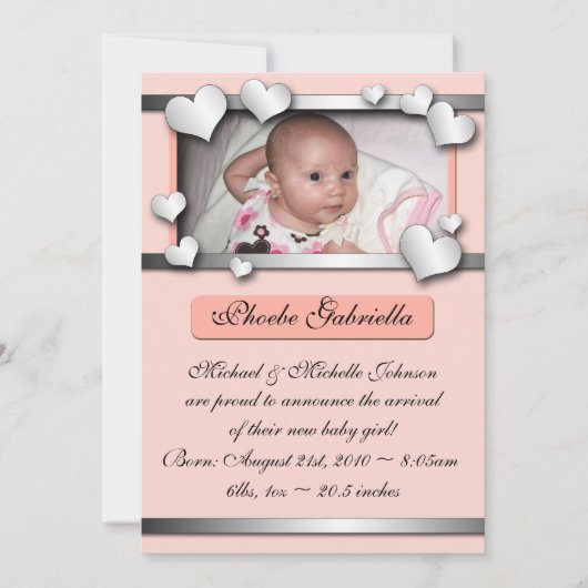 明るい兆候のハートのモモの誕生の発表 案内状 (正面)