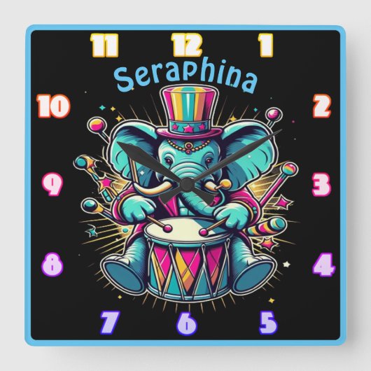 明るい光よくはしゃぐの下で象のドラマー スクエア壁時計 (正面)