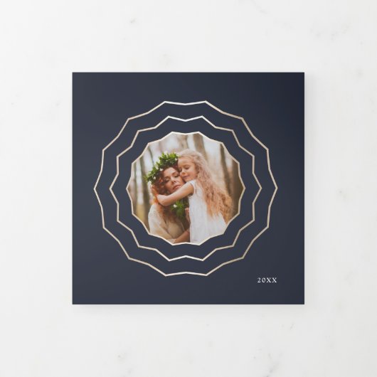 明るい円 |ネイビエレガントー&金ゴールド写真 三つ折りクリスマスカード (カバー)