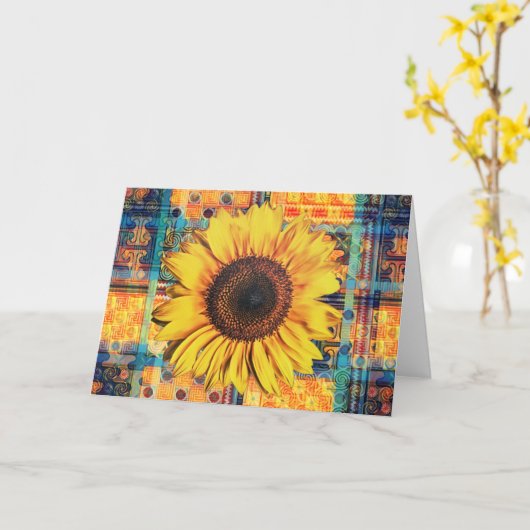 明るい図解入りの、写真付きのひまわりオンファンキーヴィンテージ カード (黄色い花)