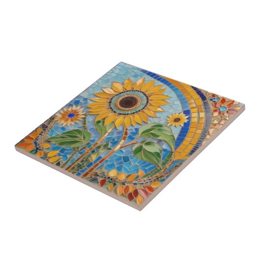 明るい夏のひまわりフェイクモザイクスカイブルー タイル (側面)