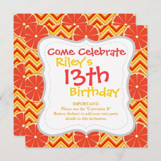 明るい夏のグレープフルーツオンオレンジイエローシェブロン 招待状 (正面/裏面)