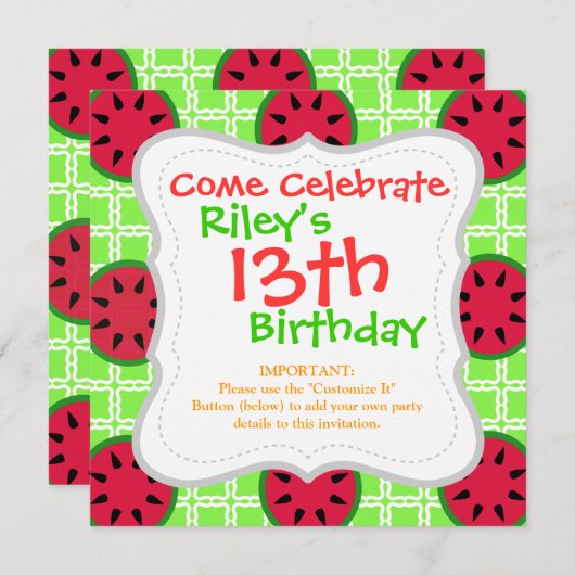 明るい夏のピクニック用スイカを緑の広場に 招待状 (正面/裏面)