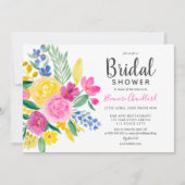 明るい夏のピンクのフローラ水色ブライダルシャワー 招待状 (正面)
