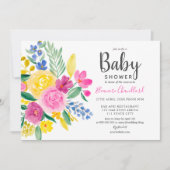 明るい夏のピンクのフローラ水色ベビーシャワー 招待状 (正面)