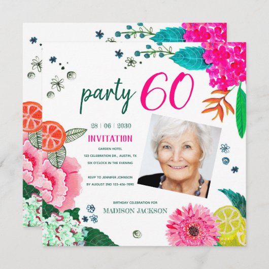 明るい夏のフローラ&フルーツ誕生日パーティー 招待状 (正面/裏面)