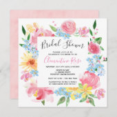 明るい夏ピンクのフローラ水彩ブライダルシャワー 招待状 (正面/裏面)