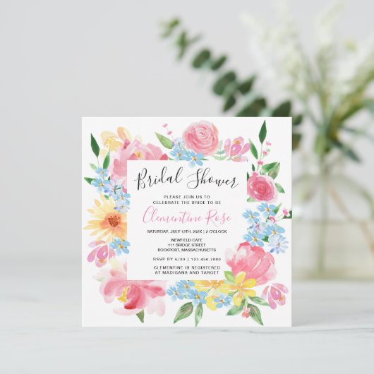 明るい夏ピンクのフローラ水彩ブライダルシャワー 招待状 (スタンド正面)