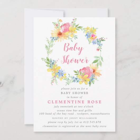 明るい夏ピンクのフローラ水色ベビーシャワー 招待状 (正面)