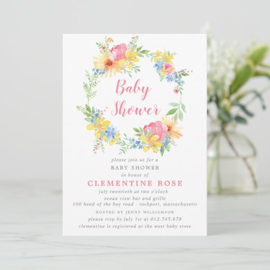 明るい夏ピンクのフローラ水色ベビーシャワー 招待状 (スタンド正面)