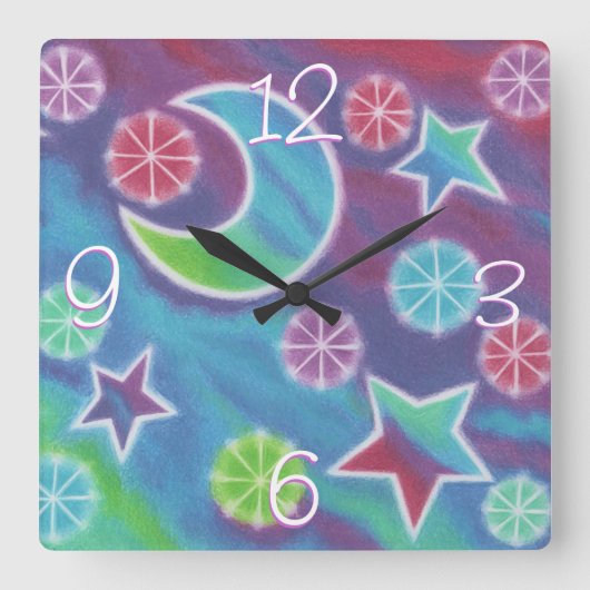 明るい夜の「数字」の時計正方形 スクエア壁時計 (正面)