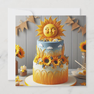 明るい太陽とヒマワリ飾お誕生日ケーキ カード
