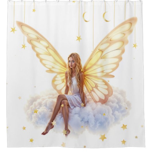 明るい妖精の黄金の蝶の翼の穏やかな美しい シャワーカーテン (正面)