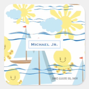 明るい子供パターン、ボート、タコおよび日曜日Clipart スクエアシール