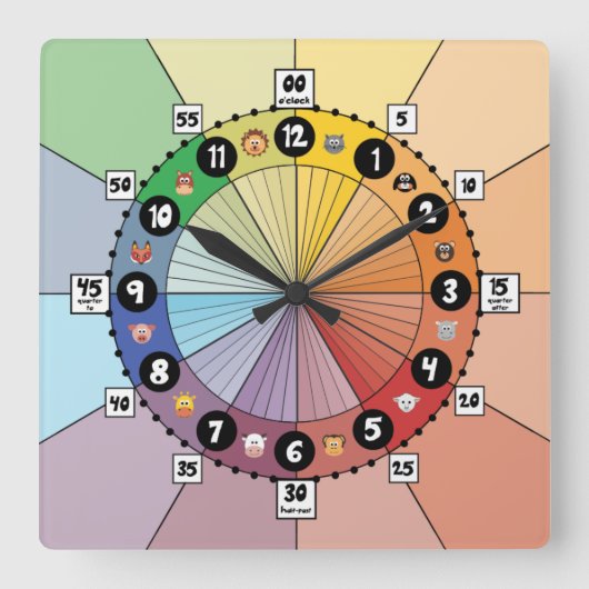明るい学校の子ども向けの時計（平方） スクエア壁時計 (正面)