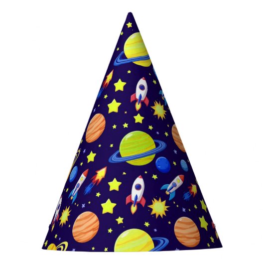明るい宇宙の冒険 ロケット 惑星 星 パーティーハット (正面)