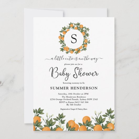 明るい小さなかわいこちゃん植物柑橘系ベビーシャワー 招待状 (正面)