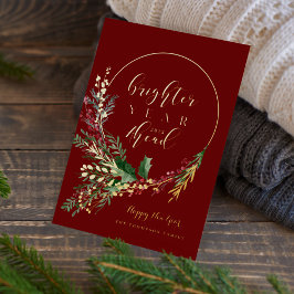 明るい年が来る 水彩画の花輪 お正月 箔シーズンカード