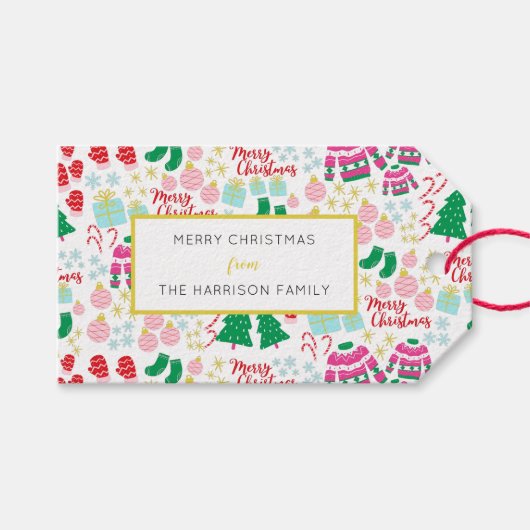 明るい幸せなクリスマスパターン ギフトタグ (正面(横))