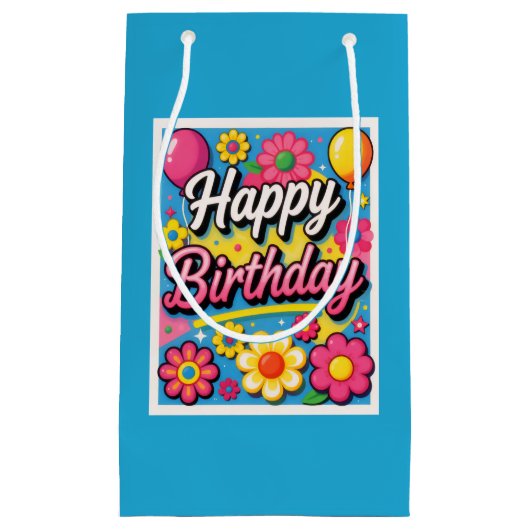 明るい幸せな誕生日の花と風船のブルー スモールペーパーバッグ (正面)