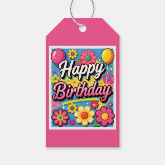 明るい幸せな誕生日の花と風船 ギフトタグ (正面)