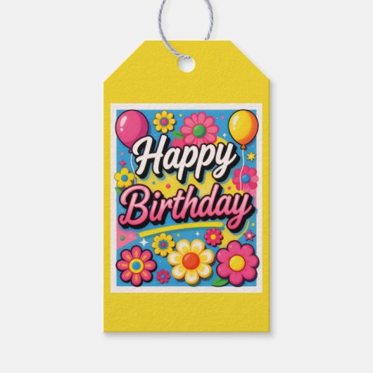 明るい幸せな誕生日の花と風船　黄色 ギフトタグ (正面)
