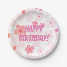 明るい幸せな誕生日ピンクのモモの花のパワー ペーパープレート