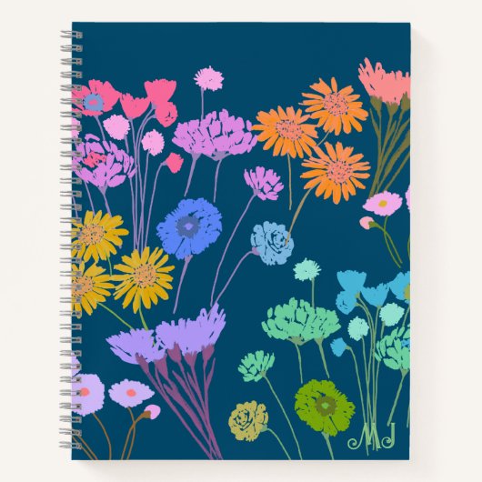 明るい幸せカラフルな花ダークティール(緑がかった色)+イニシャル ノートブック (正面)