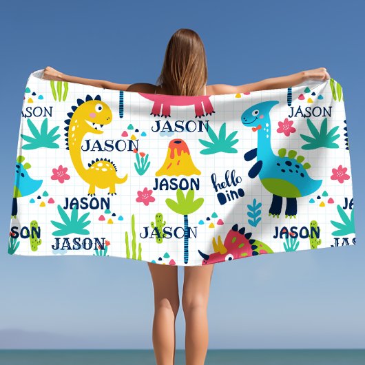 明るい恐竜のパターンと名前をカスタムする バスタオル
