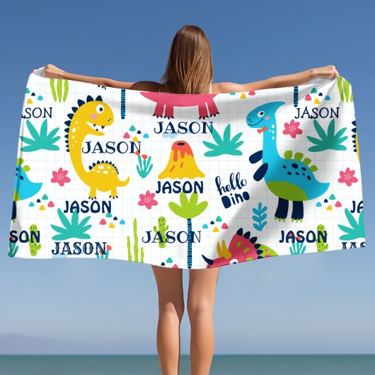 明るい恐竜のパターンと名前をカスタムする ビーチタオル
