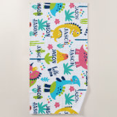 明るい恐竜のパターンと名前をカスタムする ビーチタオル (正面)