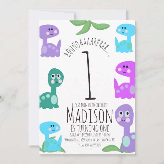 明るい恐竜の誕生日招待状 招待状 (正面)