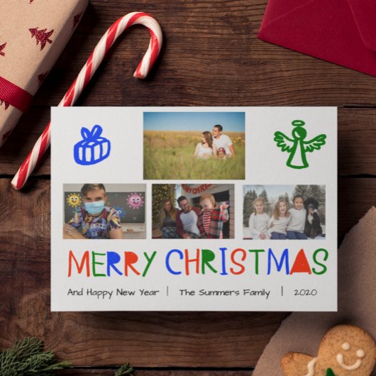 明るい手書カラフルきの写真のクリスマス シーズンカード