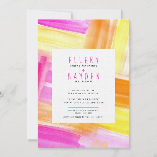 明るい抽象芸術アートピンクの黄色結婚の写真 招待状 (正面)