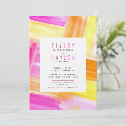 明るい抽象芸術アートピンクの黄色結婚の写真 招待状 (スタンド正面)